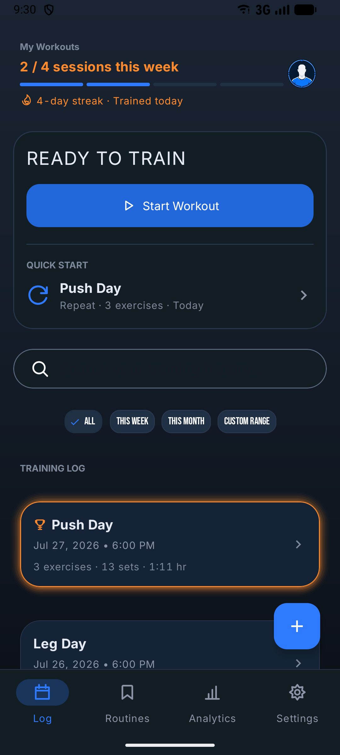 The Reracked home screen: weekly session progress, streak, quick start and training log
