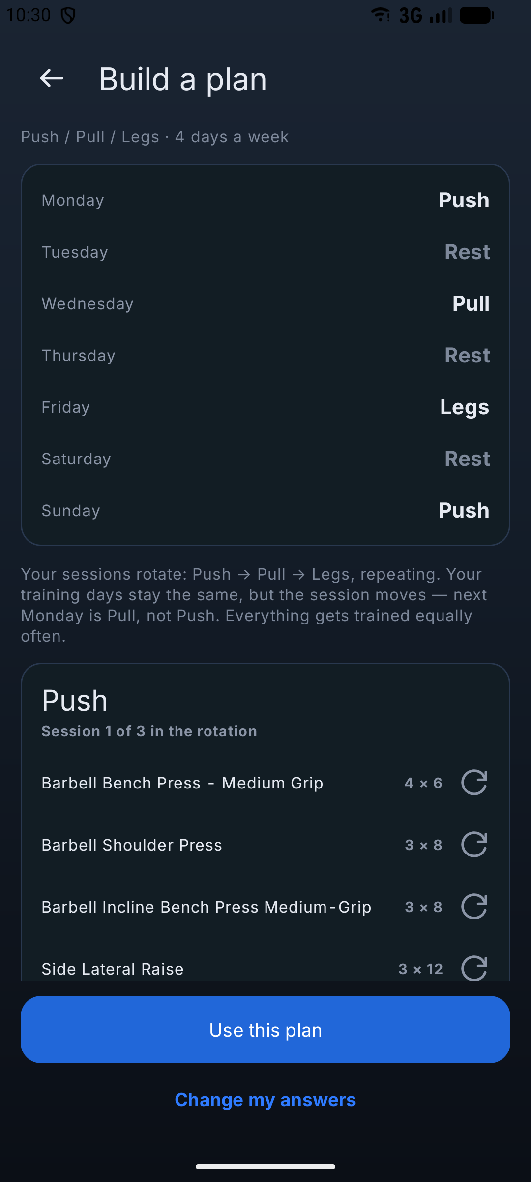 Reracked's generated plan preview: a Push / Pull / Legs week with Monday Push, Wednesday Pull, Friday Legs and Sunday Push, a note explaining that the sessions rotate, and the first routine's exercises